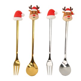 4Pcs Christmas Spoons and Forks Set Stainless Steel Cartoon Funny Mini Tableware Flatware Christmas Cutlery Set for Home Travel