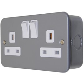Metal Clad Double Pole Socket 2 Gang 13A Switched with Back Box - Heavy Duty For Garage, Shed, Workshop (1 x Socket)