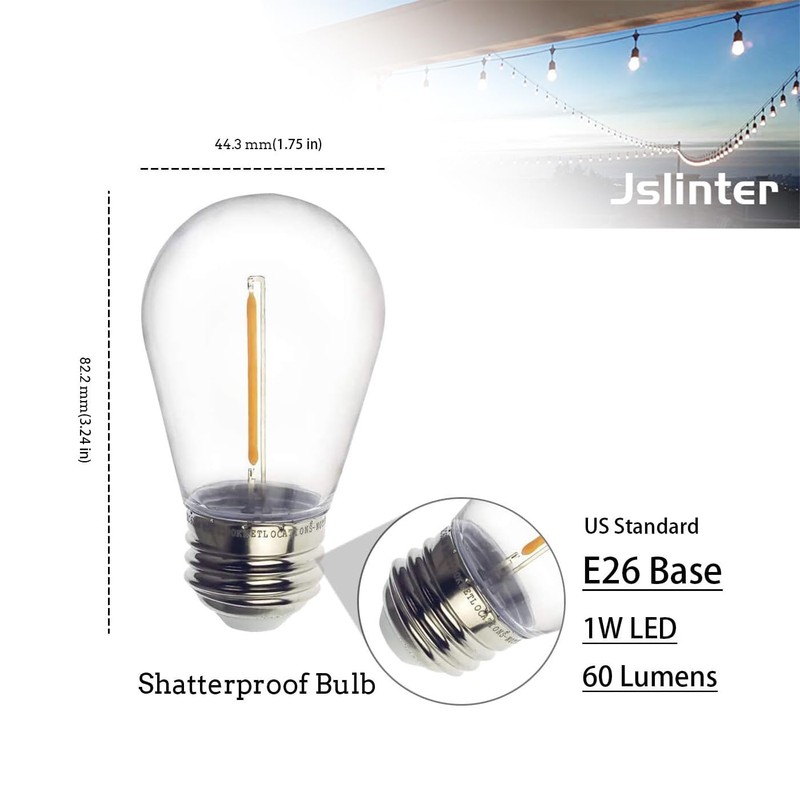 Jslinter S14 1W Outdoor String Lights Bulbs LED, Shatterproof &