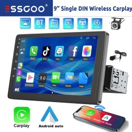 ESSGOO 9" Single DIN Apple Carplay Car Stereo Wireless Bluetooth Radio GPS AUX BT +CAM