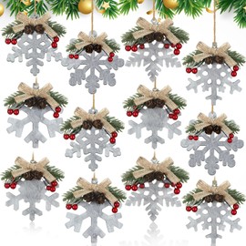 12 Pcs Rustic Christmas Tree Ornaments Snowflake Wooden Ornaments Christmas Farmhouse Galvanized 3.94'' Vintage Snowflake Hanging Ornament with Bow Pine Cones Decorations for Winter Country