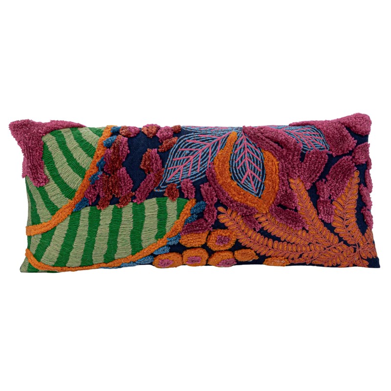 Creative Co-Op Embroidered Fabric Indoor/Outdoor Lumbar Pillow with Botanicals and