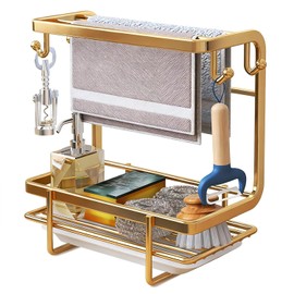 Sponge Holder Sink with Drip Tray and Hook, Multifunctional Sink Organiser, Wall Mounted/Countertop Mounting, Metal Dish Cloth Holder for Kitchen, Bathroom, Balcony (Gold)