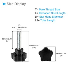 CoCud Star Clamping Knobs, M10 x 60mm Male Thread 48mm Head, Plastic Thumb Screw Grip Hand Knobs Threaded Bolt Black - (Applications: for Lathe Machinery), 2-Pieces
