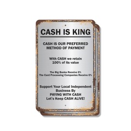 Cash Is King Preferred Method of Payment (2 Pack) 8 Inch x 12 Inch Novelty Plastic Sign Durable Weatherproof UV Protected Perfect for Shops Offices Fun Gag Gift for Business Owners Crafted in the USA