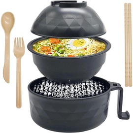 2 Pack 33oz Ramen Bowl Set,Microwave Ramen Cooker with Chopsticks Spoons and ,Instant Noodles  with Handles,Rapid and Quick Ramen Cooker for College Dorm Room - Color: 1 pack black