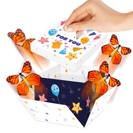 FETTIPOP DIY Butterfly Explosion Gift Box (White Stars) DIY 7.1x5.5x4.3 inches, Surprise Flying Butterfly Box for Birthday, Party, Any Occasion