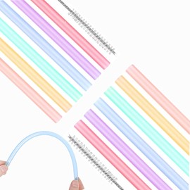 12 Reusable Silica Gel Straws, 2 Cleaning Brushes, BetterJonny Color for Kids Straws, Flexible Long Straws, Smoothies Cocktail Hot Drinks
