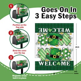FBCOO Welcome St Patricks Day Top Hat Mailbox Cover Magnetic Standard Size 20.5" x 18", Lucky Shamrock Clover Decorative Post Letter Box Wrap Decor, Spring Irish Gold Garden Yard Outdoor Decoration