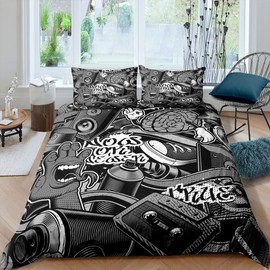 Feelyou Graffiti Bedding Set for Teens Boys Queen Rock Music Theme Duvet Cover Set Hip Hop Comforter Cover Set Kids Teenage Street Art Quilt Cover Hippie Room Decor Bedding with 2 Pillow Shams (3Pcs)