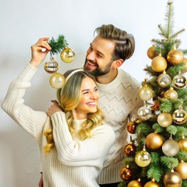 Niviy 2024 Christmas Ornaments Ball Decoration, Gold Christmas 24ct 2.36"/60mm Ornaments, Xmas Pierced Trees Pendant, Seasonal Decorative Hanging Ornament Set for Holiday Party