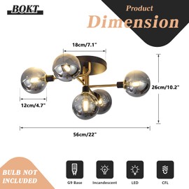 BOKT Mid Century Brass Flush Mount Ceiling Light - Modern Brushed Gold 5-Light Smoke Gray Glass Globe Sputnik Chandelier