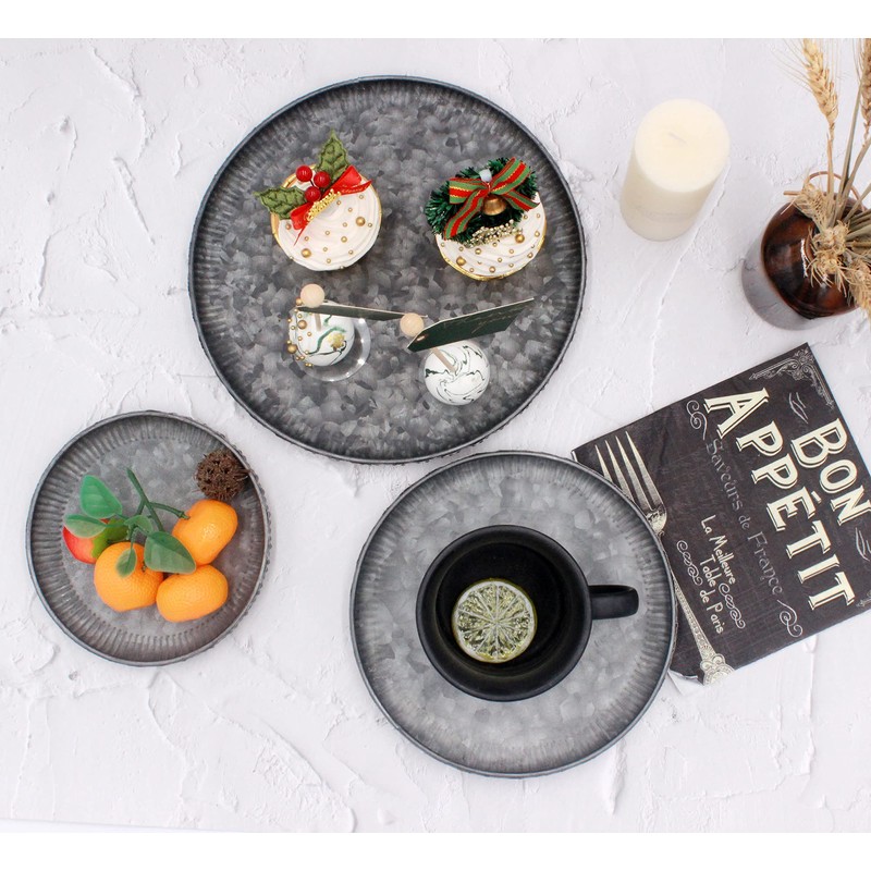 Funerom 25 cm Round Galvanized Metal Tray Decorative Tray Corrugated