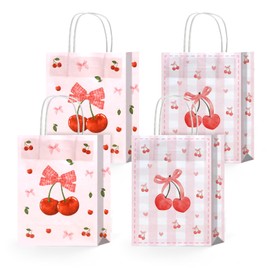 12pcs Cherry Gift Bags with Handles, Cherry Candy Goodie Bag for Birthday Bridal Shower Baby Shower Wedding Party Favor Supplies (8.27 x 5.9 x 3.15 inch)