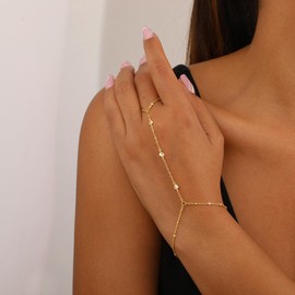 Feskive Hand Chain Bracelet for Women,Dainty 14K Gold/Silver Plated Finger Ring Chain Bracelet Cubic Zirconia Satellite Beads Hand Jewelry Body Trendy Jewelry Waterproof Gifts for Her