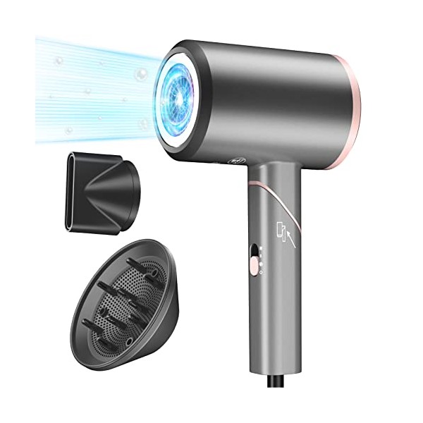 Hair Dryer, 1800W Blow Dryer, Ionic Hair Dryer with Diffuser, Foldable Handle Travel Hair Dryer, Constant Temperature Hair Care Without Damaging Hair