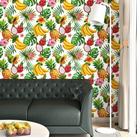 Wallderful Tropical Fruits Self Adhesive Wallpaper 24"x118" Yellow Green Floral Contact Paper Peel and Stick Cabinet Covering Modern Bathroom Bedroom Wall Paper Sticker Pull and Stick Removable Vinyl