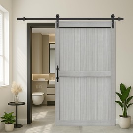 S&Z TOPHAND® 48in x 84in MDF Light Gray Barn Door with 8FT Sliding Door Hardware Kit, 24-60in Solid Barn Door Slab Covered with Water-Proof PVC Surface, Simple Assembly is Required