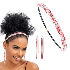 Flayem Rhinestone Elastic Head Chain Shiny Headband Women's Vintage Headband Hair Band with Earrings Elegant Head Chain for Women (Red Silver, 45.5 cm)