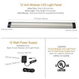 Lightkiwi Dimmable LED Under Cabinet Lighting 3 Panel Kit, 12 Inches Each, Warm White (3000K), 9 Watt, 24VDC, Hand Wave Activated Dimmer Switch & All Accessories Included, UL Listed