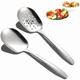 Stainless Steel Serving Spoon, Set of 2 Large Spoons, Serving Spoons and Slotted Spoons Made of Stainless Steel, Large Spoon, for Family Parties, Hotels, Picnics and Parties