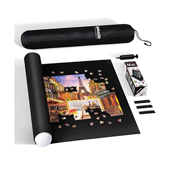 Becko US 2000-Pc Jigsaw Puzzle Mat Roll Up with Black Pump & Drawstring Storage Bag, Black Felt Mat for Easy Transport & Storage, Portable Puzzle Saver for 2000 1500 1000 500 Pieces Jigsaw Puzzles