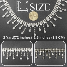 PEARLY JUN 2 Yards Pearl Rhinestone Trim Chain Silver Crystal Fringe Diamond Applique Ribbon String Tassel Strip for Sewing Wedding Dress Crafting Crafts Flower Embellishments
