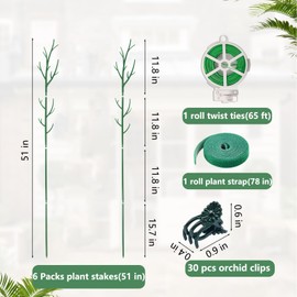 Ruksifg 51 Inch Height Adjustable Plant Sticks Support Tall,Plant Support Stakes with Extension Poles, Plant Clips, Plant Ties Plant Support for Monstera Plants, Climbing Plants (6 Pack)