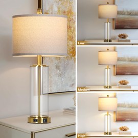 26" Gold Glass Table Lamps Set of 2, 3-Way Dimmable Touch Control Glass Lamps for Living Room, Modern Bedroom Lamp with USB C+A Ports & Outlet, Classic Bedside Lamp for Nightstand Side End Decoration