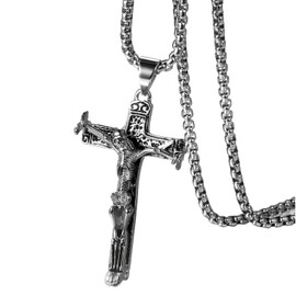 Flongo Cross Pendant Necklace,Men's Stainless Steel Skull Crucifix Jesus Christ Pendant Necklace,22 inch Chain Necklace for Mens Christmas Valentine