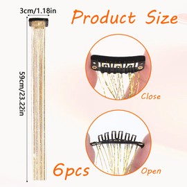 6Pcs Hair Tinsel Extension Clips Kit, Clip in Hair Extensions Fairy Tinsel Heat Resistant Glitter Extensions Colorful Synthetic Hairs for Women Girls Dazzle Hair Decoration Cosplay Party (Gold)
