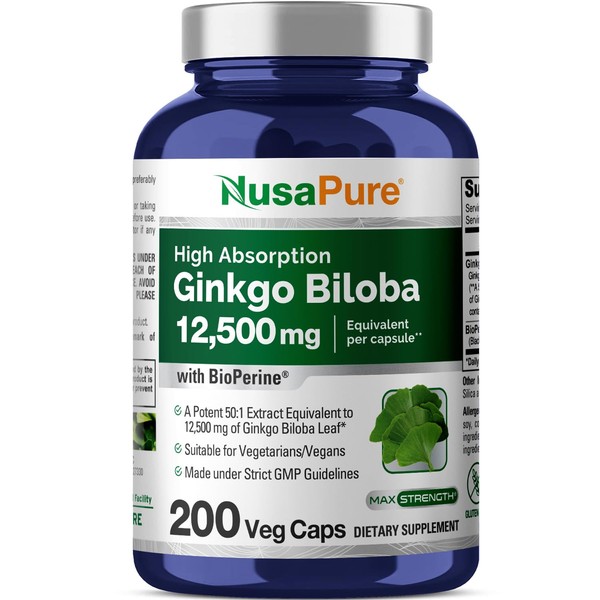 NusaPure Ginkgo Biloba Extract 12,500mg per Veggie Caps 200 Capsules (Vegetarian, Non-GMO, Gluten Free, Extract 50:1) Bioperine