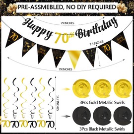 TOBATOBA 70th Birthday Decorations Kit for Men Women, Black Gold Happy 70th Birthday Banner, Triangle Flag Banner 70th Birthday Party Decorations, 70 Year Old Birthday Party Supplies