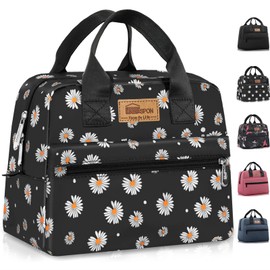 HOMESPON Insulated Lunch Bag for Women Men Work Adult Cool Bag Lunch Box Large Capacity Ladies Tote Bag(Black Daisy)
