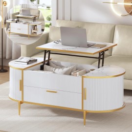 Unbranded Modern Fluted Lift Top Coffee Table, Living Room Oval Coffee Table with Storage - White