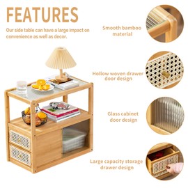 Tiita Rattan Nightstand Side Table, Bamboo Accent Bedside Tables, Glass Coffee Tables, Boho Wooden End Table with Storage for Small Space, Living Room and Bedroom