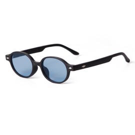 ADE WU Trendy Oval Sunglasses for Women Small Face Vintage Retro 90s Style Cute Mini Sun Glasses, Black Frame/Blue Lense