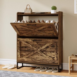Captain Winters Shoe Cabinet with 2 Flip Drawers On Clearance, Freestanding Shoe Organizer with Metal Legs, Narrow Storage Cabinet, Farmhouse Slim Shoe Storage Cabinet for Entryway, Rustic Brown