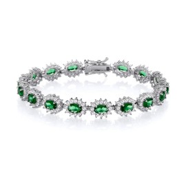 Old English Jewellers 925 Sterling Silver Emerald & CZ Oval Cluster Ladies Tennis Bracelet - 7.5 inch