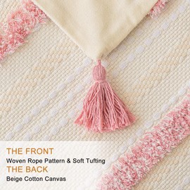 BUIOVBEY Boho Throw Pillow Covers 18x18 Set of 2 Woven Tufted Farmhouse Pillows Cover with Tassels Textured Striped Cushion Case Neutral Pillow Cases Decorative Pillowcase for Sofa, Couch, Bed, Pink