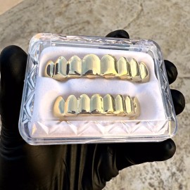 Hip Hop Grillz 14K Gold Plated Grillz Set Eight Top Grill 8 Bottom Teeth Hip Hop Grills w/Case