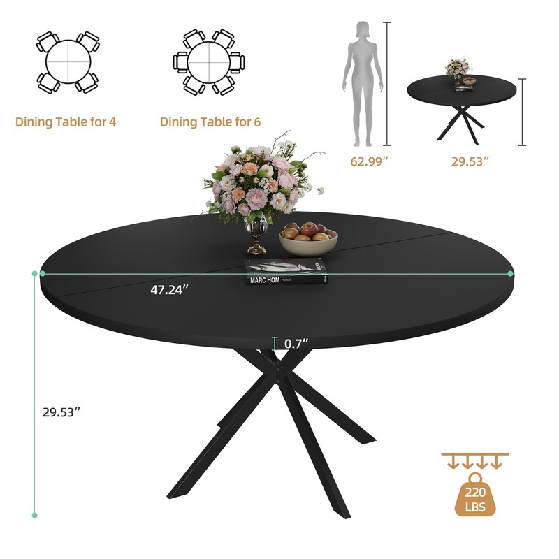 47.24" Round Dining Table, Modern Dining Room Table for 4-6