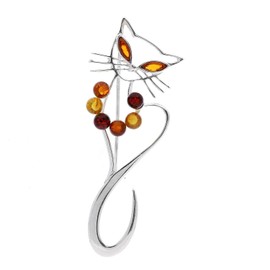 Cat/Kitty/Kitten/Feline Silver Brooch Pin/Clip in Multi-Coloured Amber for Women - 925 Sterling Silver