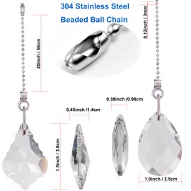 Aceple 2PCS Crystal Ceiling Fan Pull Chain, Decorative Fan Pull Chain Pendant Extension, 20-inch Lighting & Fan Beaded Ball Chain Extender with Connector (Clear)