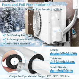 4 Pack Pipe Insulation Foam Tube, Self Adhesive Pre Slit AC Line Insulation Pipe Covers with Aluminum Foil, 3/8'' THK Foam Tubing for Outdoor Water Pipe, Plumbing, Irrigation Freeze Protection