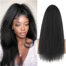 UAmy hair Long Yaki Straight Ponytail Extension for Black Women 20 Inch Natural Black Wrap Around Magic Paste Synthetic Clip in Ponytail Thick Kinky Straight Hair Pony Tail for Daily Use (1B)