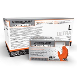 GLOVEWORKS Orange Disposable Gloves, Flock-Lined Nitrile Gloves, Raised Diamond Texture, 8 mil, XX-Large, Case of 500