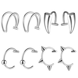Zyghjort Fake Lip Piercing, 8 Pcs Stainless Steel Fake Lip Ring 4 Styles Clip on Faux Nose Ring Adjustable Non Piercing Septum Piercing for Women Men (Silver)