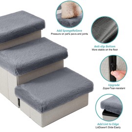 COZY KISS Dog Stairs for Small Dogs with Storage and Condo, 14" H Foldable Pet Stairs for Small Medium or Puppy Dogs and Older Cats, Dog Steps for Bed or Couch, 13x27x14 inch, 3 Tiers, Grey