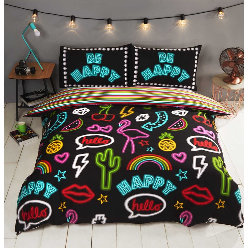 Rapport Funky Neon Reversible Striped Duvet Cover Bed Set, Polycotton,